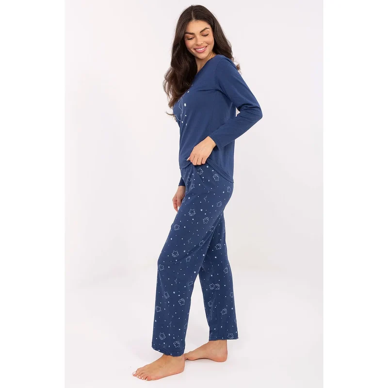 pyjama femme coton doux confortable haut manches longues col rond pantalon long coupe droite jambes motif étoiles élégant sommeil paisible