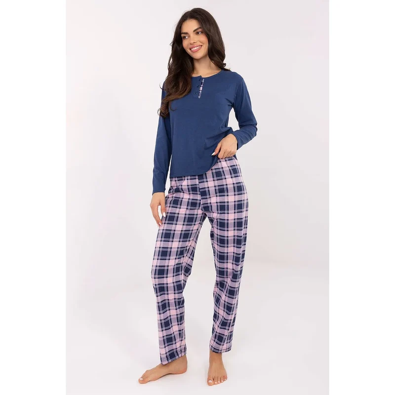 pyjama femme deux pièces haut col rond manches longues boutons décoratifs pantalon jambes droites motif carreaux coupe ample confort coton