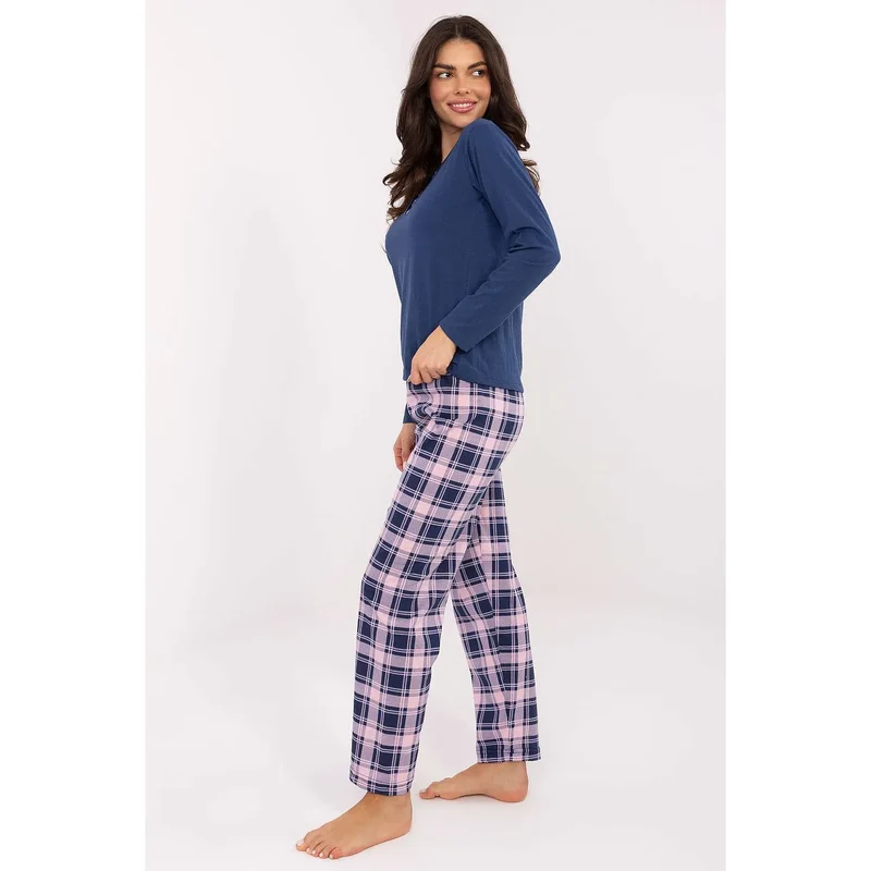 pyjama femme deux pièces haut col rond manches longues boutons décoratifs pantalon jambes droites motif carreaux coupe ample confort coton