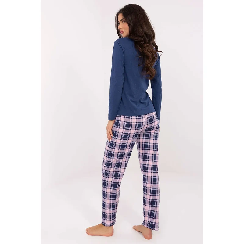 pyjama femme deux pièces haut col rond manches longues boutons décoratifs pantalon jambes droites motif carreaux coupe ample confort coton