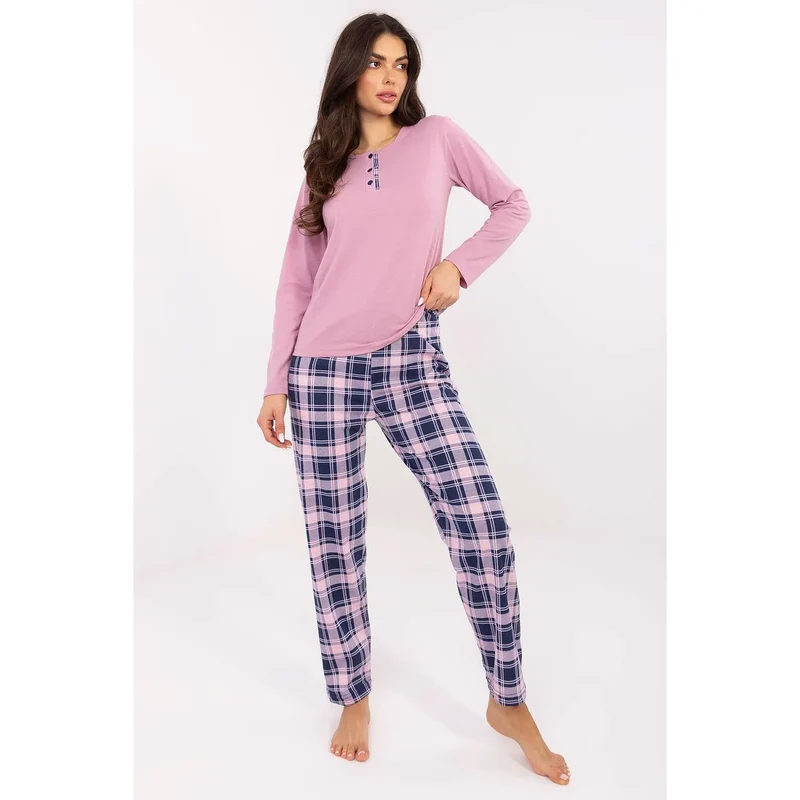 pyjama femme coton col rond manches longues trois boutons pantalon carreaux coupe ample confortable élégant intemporel rose
