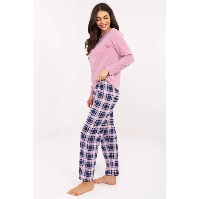 pyjama femme coton col rond manches longues trois boutons pantalon carreaux coupe ample confortable élégant intemporel rose