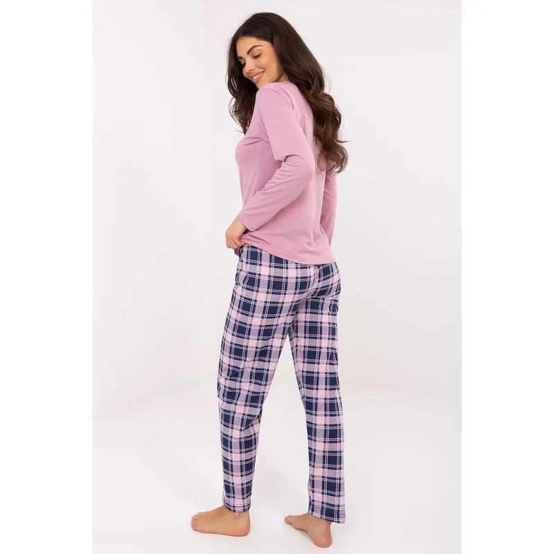 pyjama femme coton col rond manches longues trois boutons pantalon carreaux coupe ample confortable élégant intemporel rose