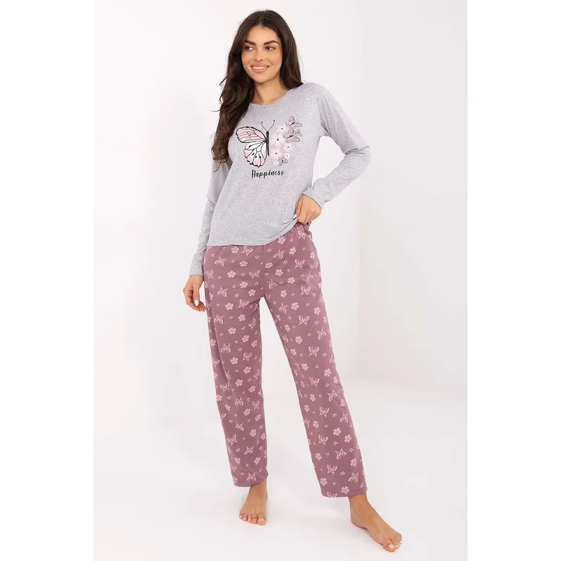 pyjama féminin charmant ensemble deux pièces manches longues col rond papillon inscription pantalon taille élastique cousue imprimé fleurs coton confortable