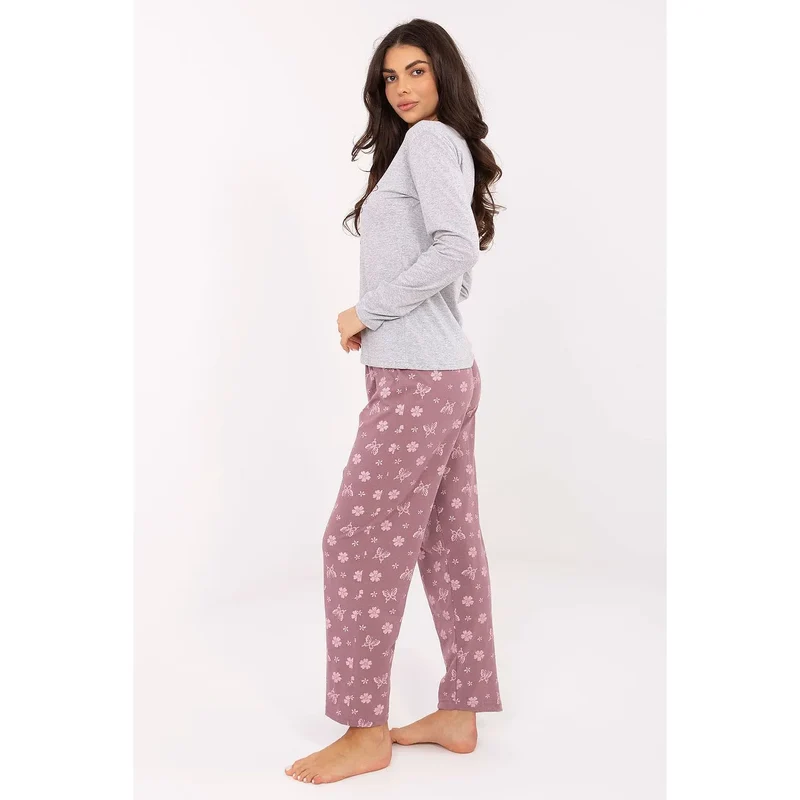 pyjama féminin charmant ensemble deux pièces manches longues col rond papillon inscription pantalon taille élastique cousue imprimé fleurs coton confortable