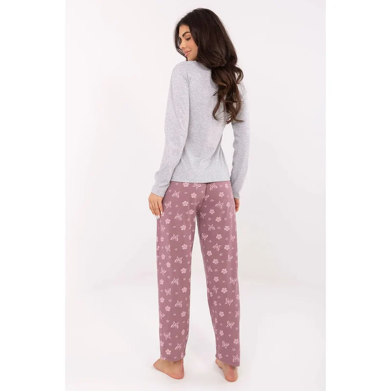 pyjama féminin charmant ensemble deux pièces manches longues col rond papillon inscription pantalon taille élastique cousue imprimé fleurs coton confortable