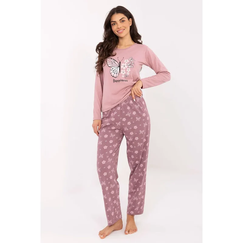 pyjama femme coton manches longues col rond imprimé papillon pantalon taille élastique motif fleurs jambes droites confort féminin