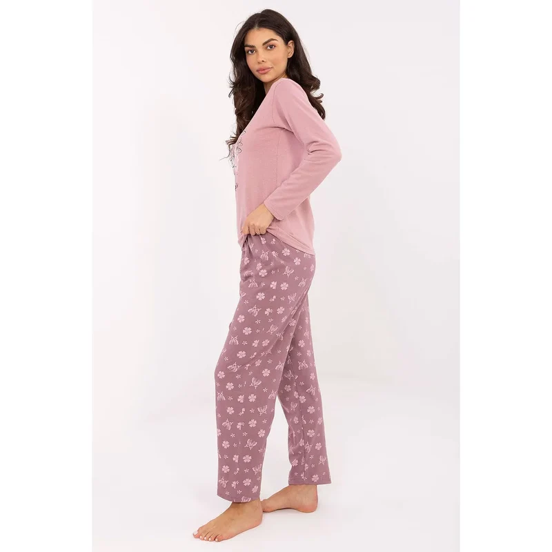 pyjama femme coton manches longues col rond imprimé papillon pantalon taille élastique motif fleurs jambes droites confort féminin