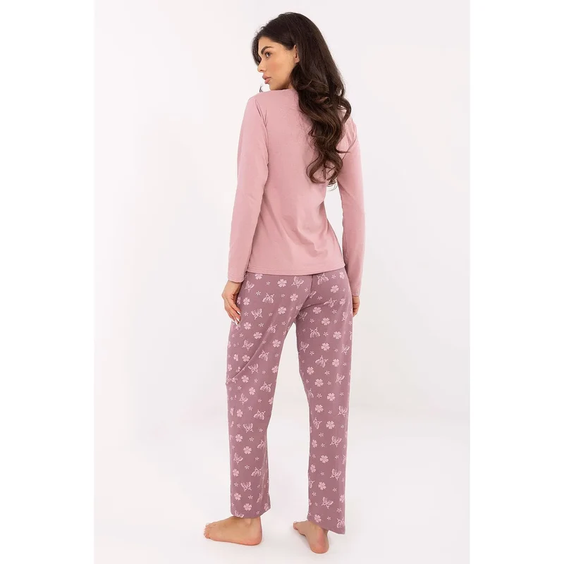 pyjama femme coton manches longues col rond imprimé papillon pantalon taille élastique motif fleurs jambes droites confort féminin