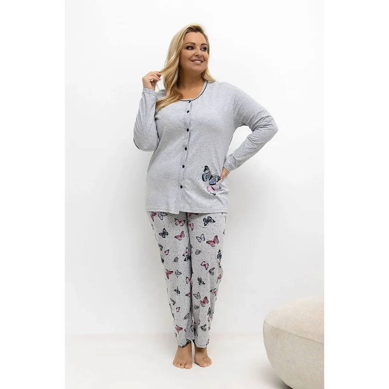 pyjama femme grande taille élégant confortable ensemble haut pantalon col rond manches longues boutonnés papillons pois motif féminin