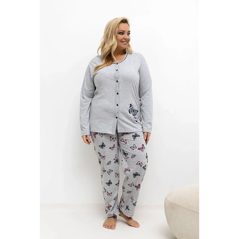 pyjama femme grande taille élégant confortable ensemble haut pantalon col rond manches longues boutonnés papillons pois motif féminin