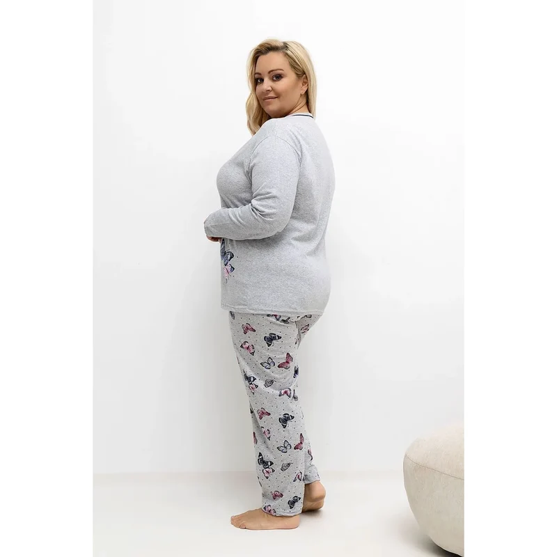 pyjama femme grande taille élégant confortable ensemble haut pantalon col rond manches longues boutonnés papillons pois motif féminin