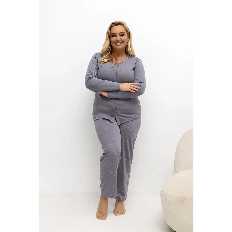 pyjama femmes grande taille confortable classique ensemble haut boutonné col rond manches longues pantalon jambes droites imprimé pois coton