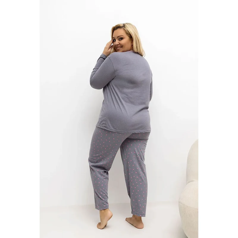 pyjama femmes grande taille confortable classique ensemble haut boutonné col rond manches longues pantalon jambes droites imprimé pois coton