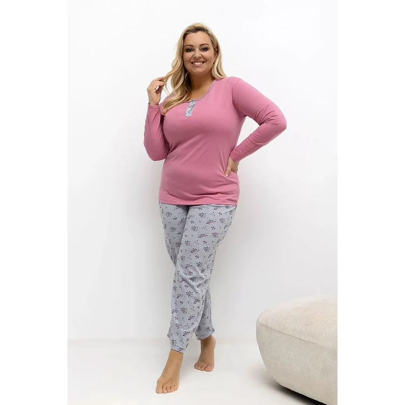 Pyjama femme grande taille coton manches longues pantalon jambes droites motif floral pois col rond boutons trois coupe classique confortable