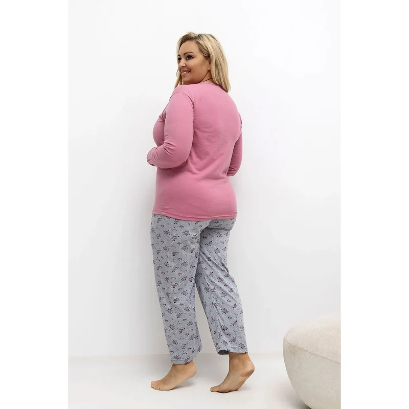 Pyjama femme grande taille coton manches longues pantalon jambes droites motif floral pois col rond boutons trois coupe classique confortable