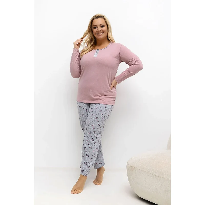 pyjama femme grande taille coton deux pièces manches longues col rond trois boutons pantalon jambes droites motif floral pois confortable
