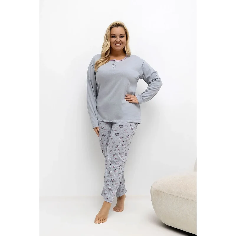 pyjama femme grande taille coton manches longues col rond boutons coupe classique pantalon jambes droites motif floral pois
