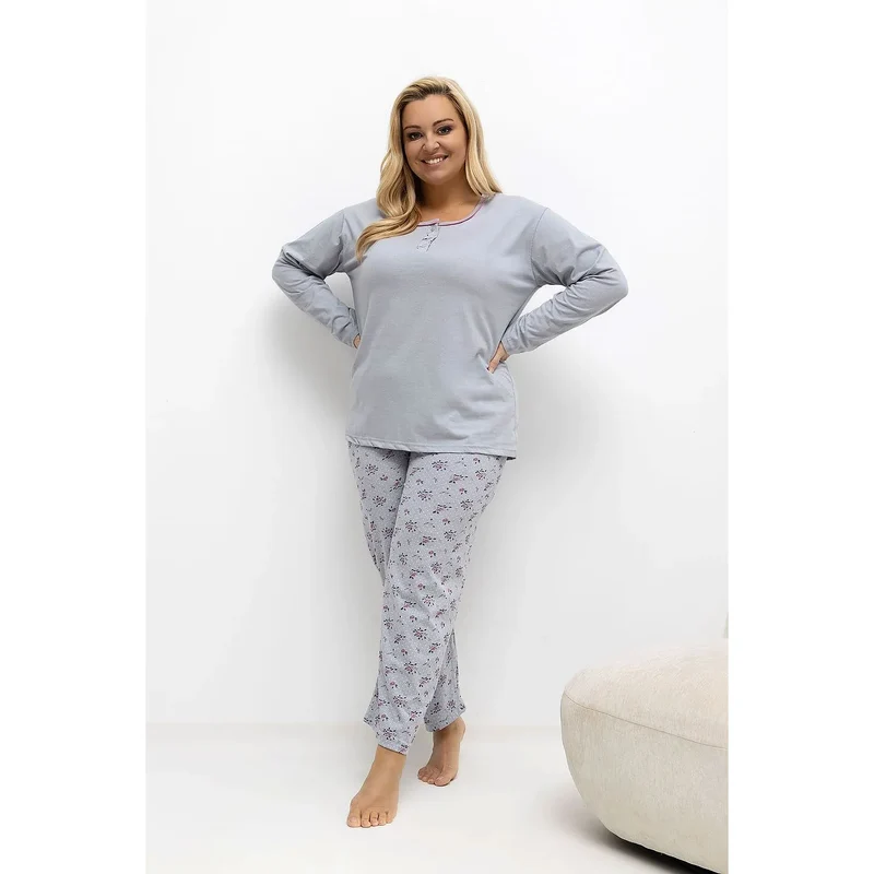 pyjama femme grande taille coton manches longues col rond boutons coupe classique pantalon jambes droites motif floral pois