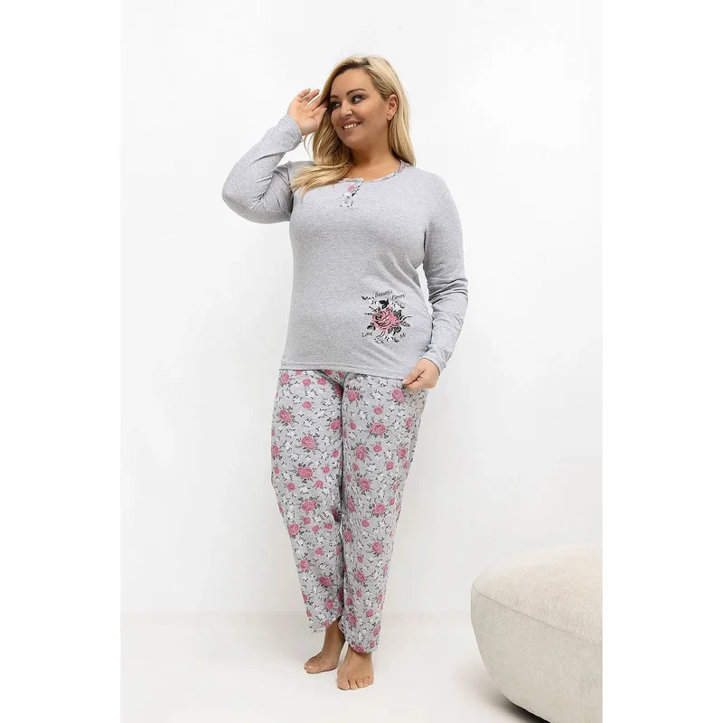 pyjama femme grande taille coton confortable élégant haut colrond mancheslongues pattedécorative troisboutons impressionfleur pantalon jambedroite motiffloral romantique délicat