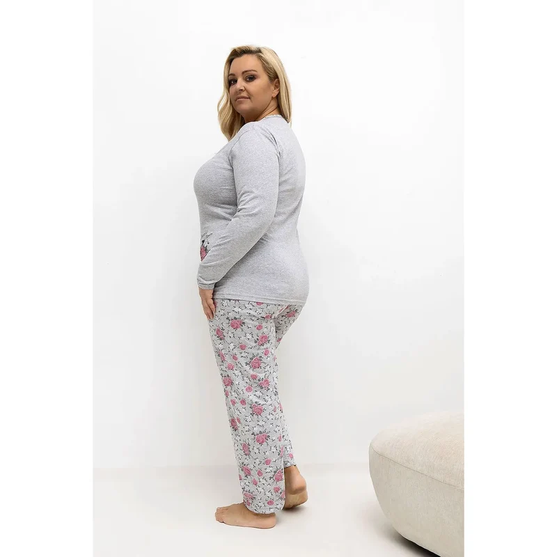 pyjama femme grande taille coton confortable élégant haut colrond mancheslongues pattedécorative troisboutons impressionfleur pantalon jambedroite motiffloral romantique délicat