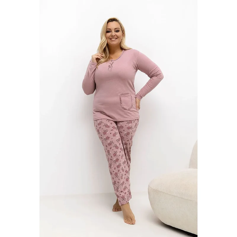 pyjama femme grandetaille ensemble deuxpieces confortable mancheslongues colrond troisboutons pochepratique pantalon jambesdroites motiffloral charmefeminin coton relaxant