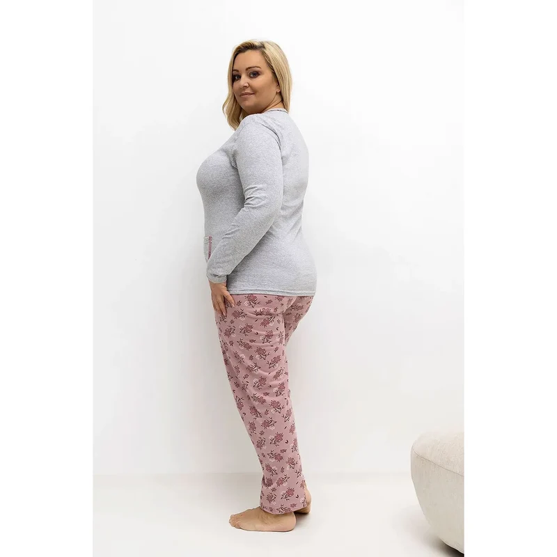 pyjama grande taille femme coton doux manches longues col rond trois boutons poche pratique pantalon jambes droites motif floral confort