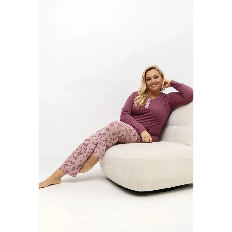 pyjama femme grande taille coton doux confortable manches longues col rond trois boutons poche pratique pantalon droit motif floral élégant