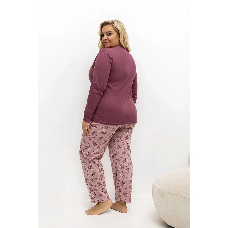 pyjama femme grande taille coton doux confortable manches longues col rond trois boutons poche pratique pantalon droit motif floral élégant