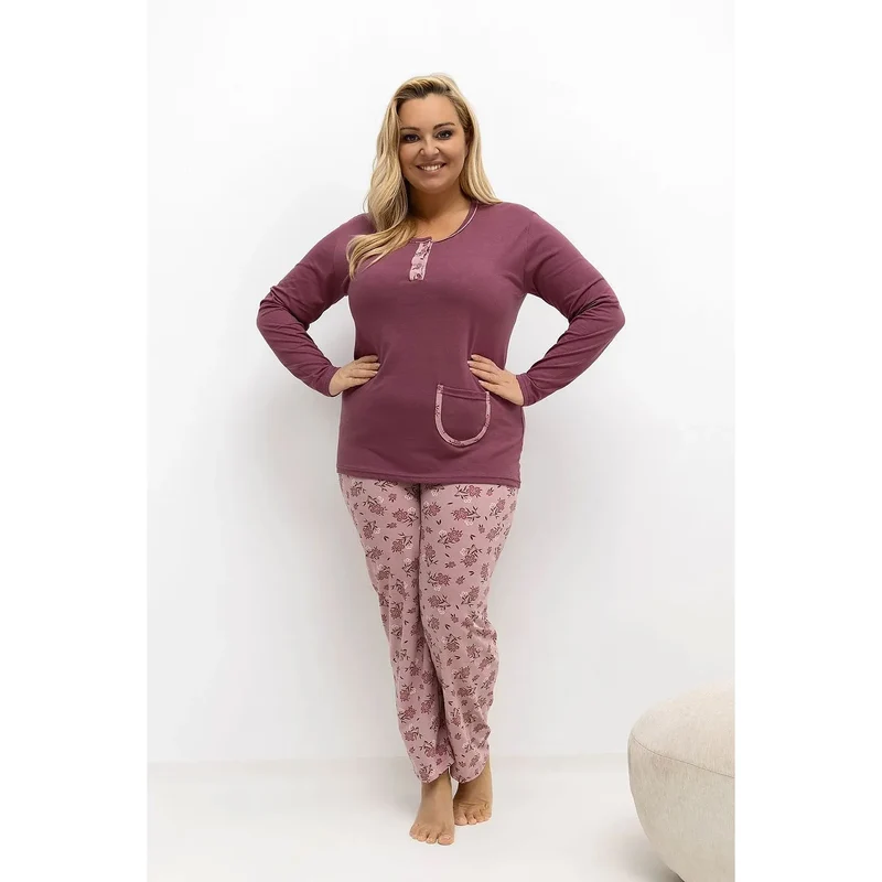 pyjama femme grande taille coton doux confortable manches longues col rond trois boutons poche pratique pantalon droit motif floral élégant