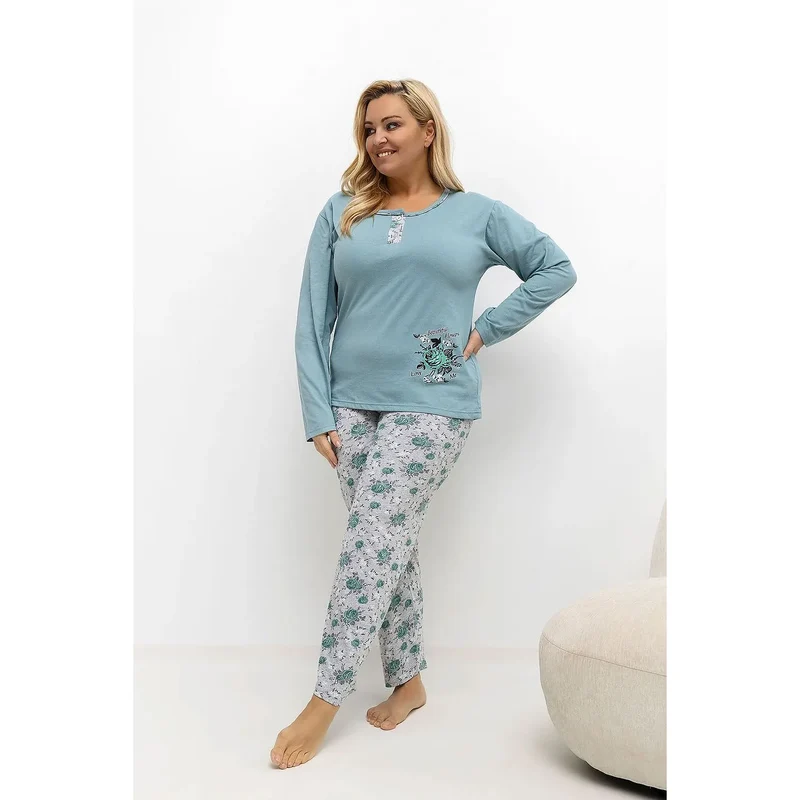 Pyjama grande taille femme coton manches longues col rond patte boutons impression fleur pantalon motif floral romantique confortable élégant