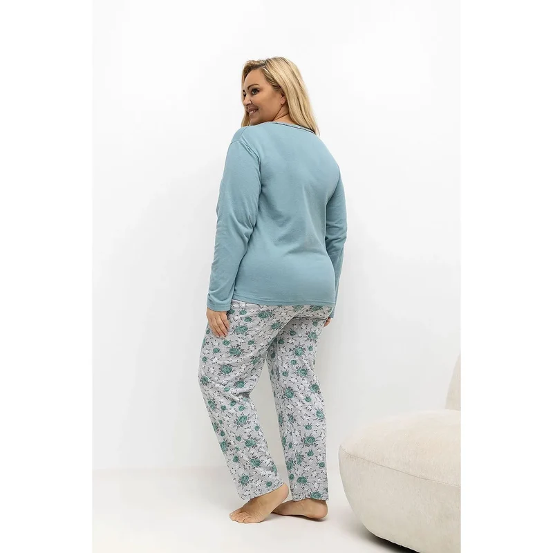 Pyjama grande taille femme coton manches longues col rond patte boutons impression fleur pantalon motif floral romantique confortable élégant