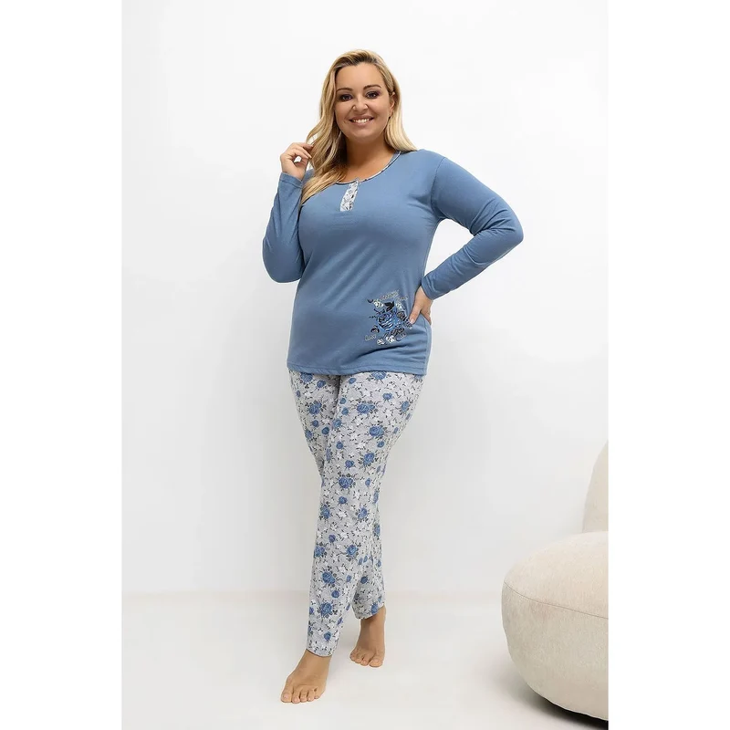 Pyjama femme grande taille coton manches longues pantalon jambe droite col rond patte boutonnage décorative imprimé floral message romantique