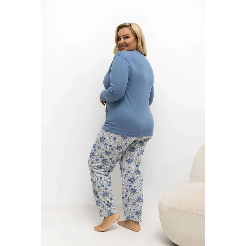 Pyjama femme grande taille coton manches longues pantalon jambe droite col rond patte boutonnage décorative imprimé floral message romantique