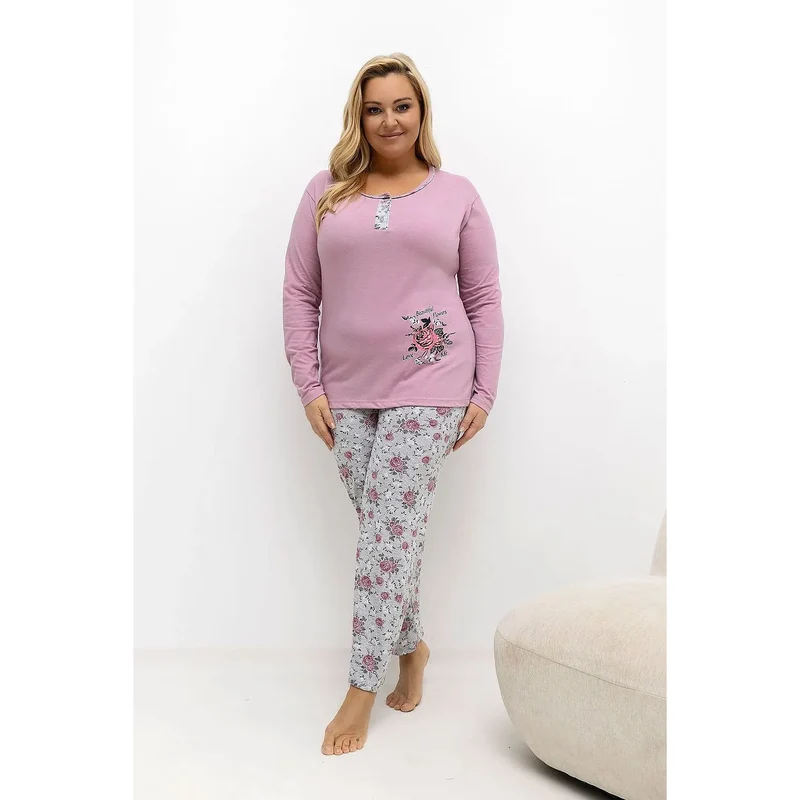 Pyjama femme grande taille coton haut manches longues col rond trois boutons fleur imprimée pantalon droit motif floral romantique confortable