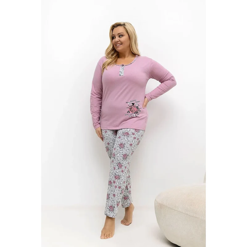 Pyjama femme grande taille coton haut manches longues col rond trois boutons fleur imprimée pantalon droit motif floral romantique confortable