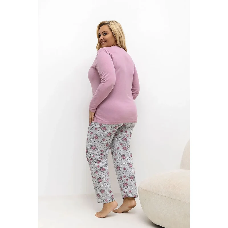 Pyjama femme grande taille coton haut manches longues col rond trois boutons fleur imprimée pantalon droit motif floral romantique confortable