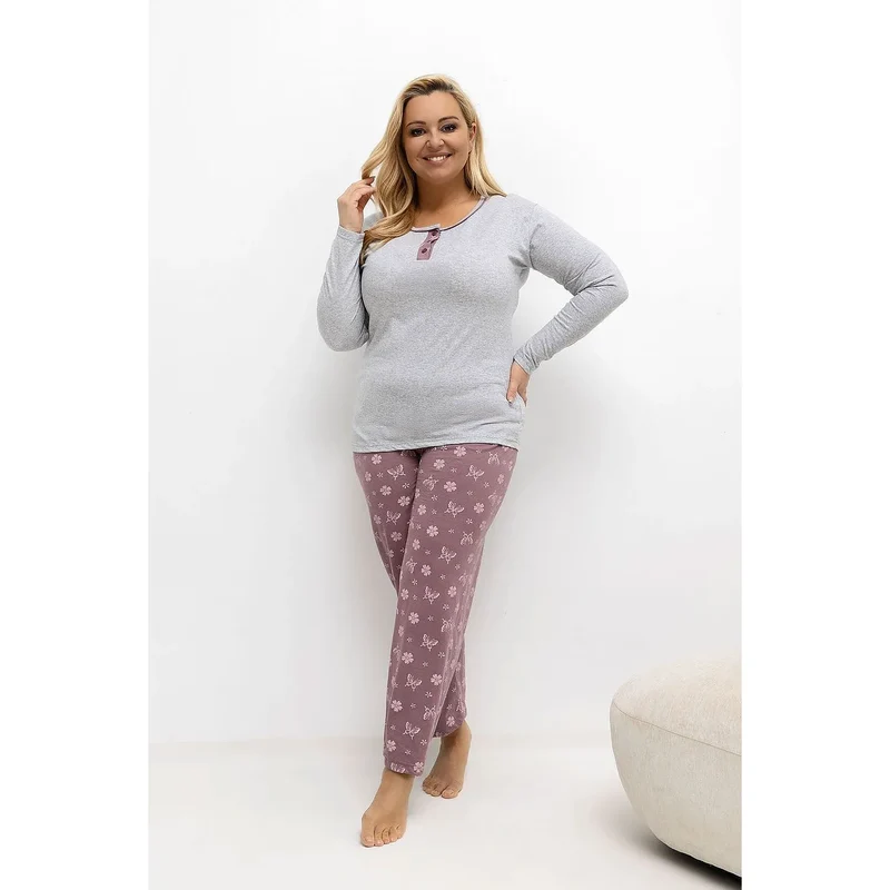 pyjama grande taille femme deux pièces coton col rond manches longues pantalon droit élastique boutons trois fleurs papillons
