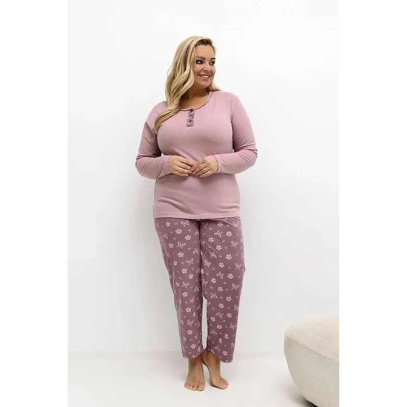 pyjama grande taille femme ensemble deux pièces coton confortable chemisier manches longues pantalon taille élastique jambe droite motif fleurs papillons