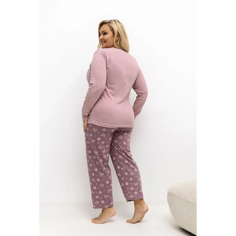 pyjama grande taille femme ensemble deux pièces coton confortable chemisier manches longues pantalon taille élastique jambe droite motif fleurs papillons
