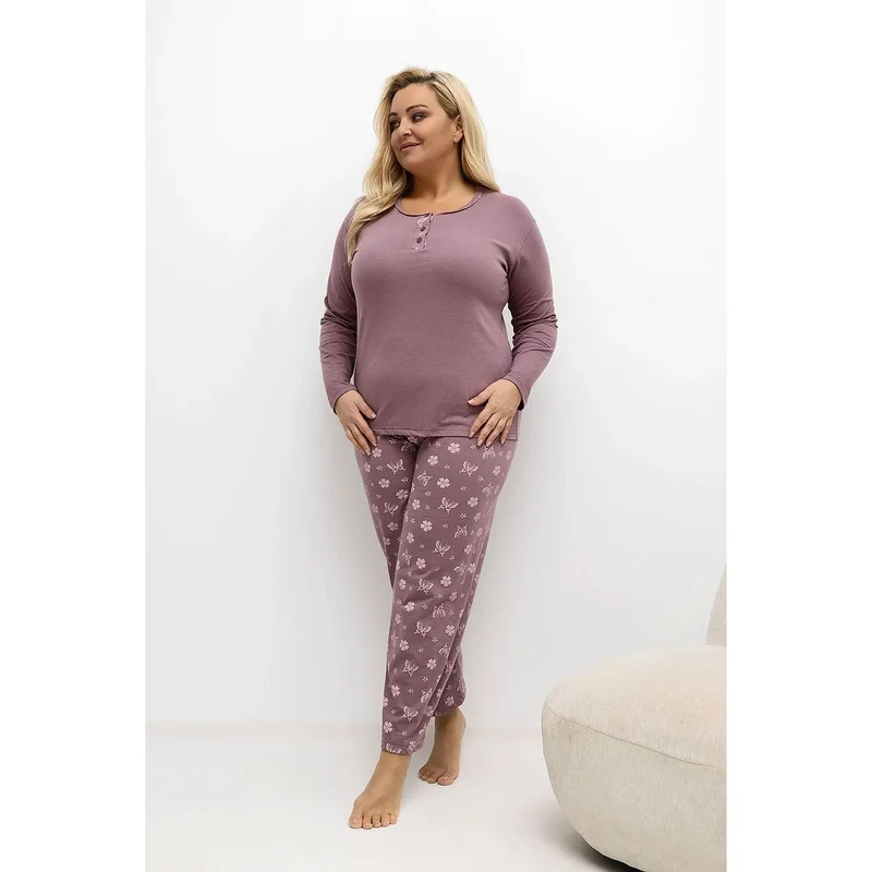 Pyjama féminin grande taille ensemble confortable pièces haut col rond manches longues boutons pantalon jambe droite élastique motif floral papillons