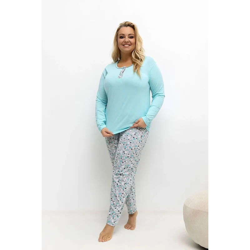 pyjama grande taille femme coton respirant doux confortable chemise col rond manches longues patte trois boutons pantalon long imprimé floral