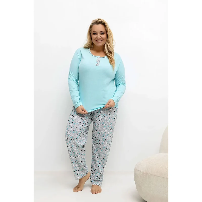 pyjama grande taille femme coton respirant doux confortable chemise col rond manches longues patte trois boutons pantalon long imprimé floral