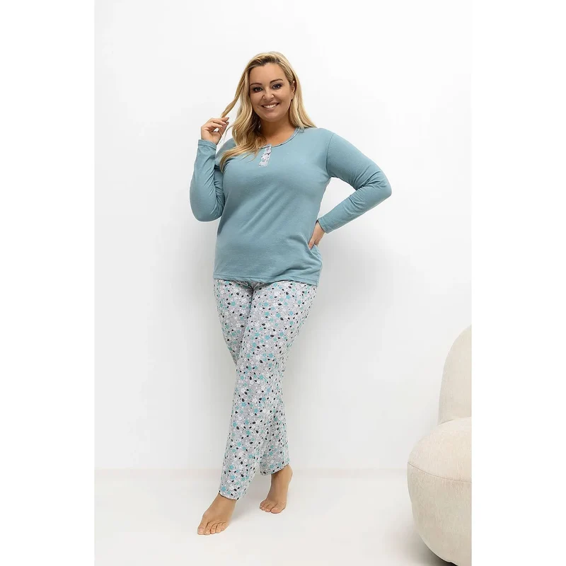 Pyjama femme grande taille coton manches longues col rond boutons trois imprimé floral confortable doux respirant coupe ample