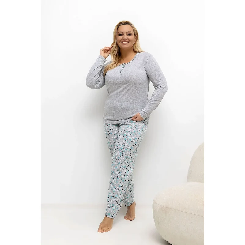 pyjama femme grande taille coton respirant doux confortable chemisier col rond manches longues patte boutons trois imprimé floral élégant ajustement