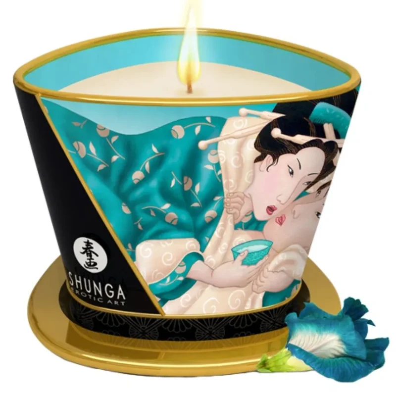 Bougie de massage érotique Shunga Fleurs Des Îles 170ml design conique illustration art japonais pour moments sensuels intimes
