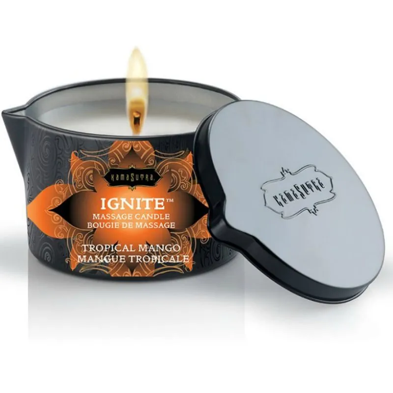 bougie massage mangue tropicale huile tiède sensuelle relaxante intime luxueuse design métal noir compacte parfumée sécurisée