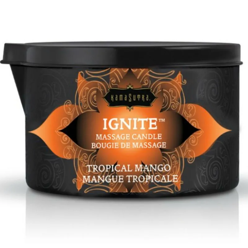bougie massage mangue tropicale huile tiède sensuelle relaxante intime luxueuse design métal noir compacte parfumée sécurisée