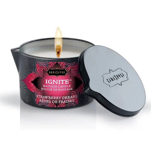 Bougie de massage Kamasutra Ignite Fraise Rêves 170g cylindrique métal noir rose romantique aphrodisiaque huile tiède sensualité intimité bien-être érotique