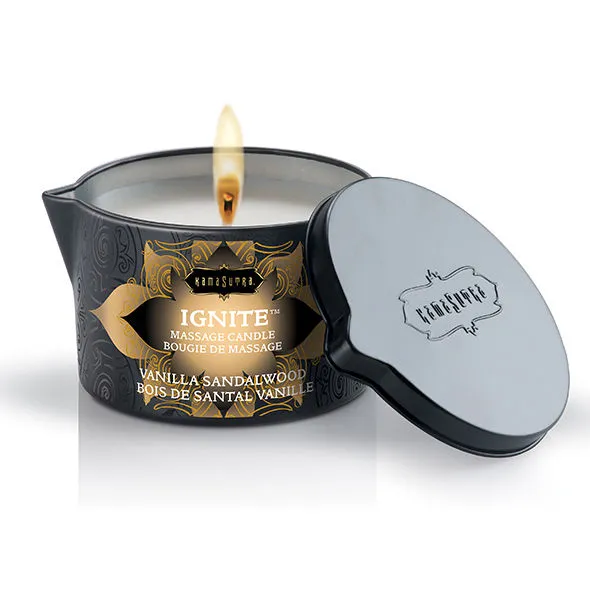 Bougie de massage Kama Sutra vanille et bois de santal 170g intimité sensuelle huile tiède élégance design